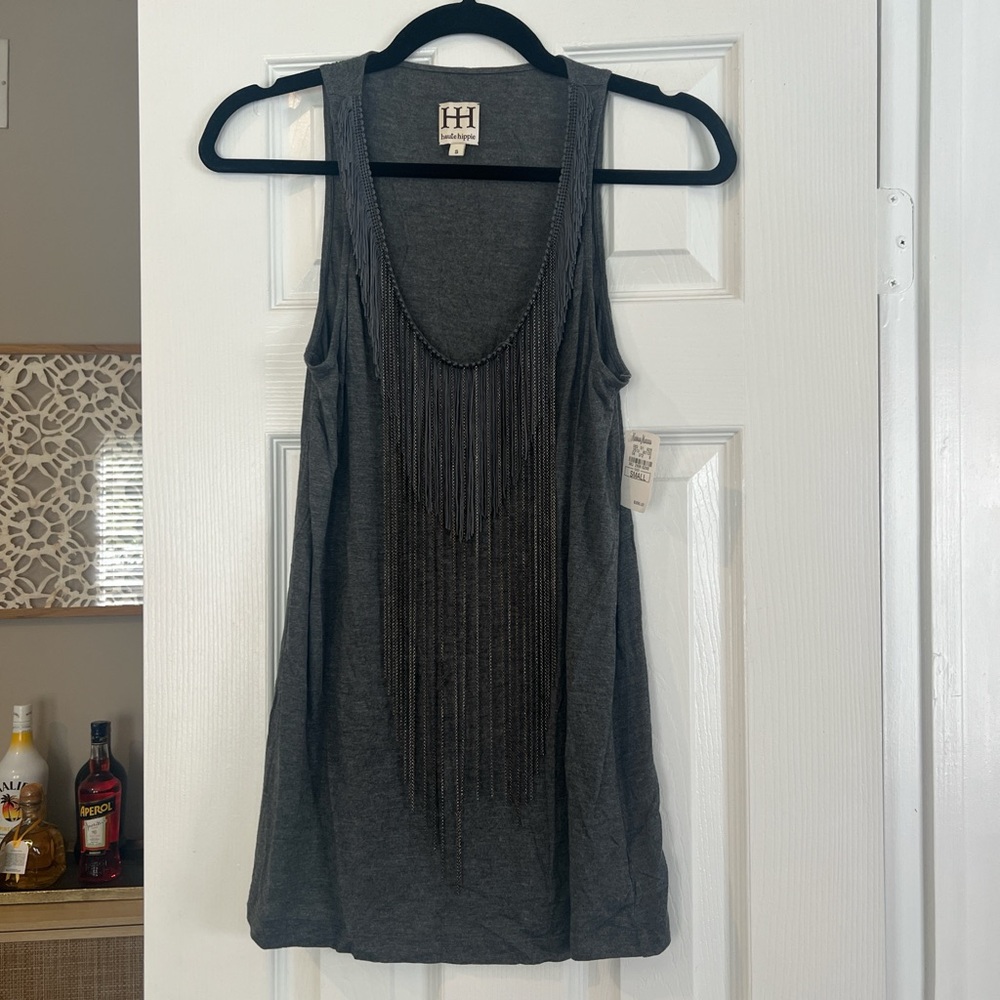 NWT Haute Hippie Gray Fringe Tank Top